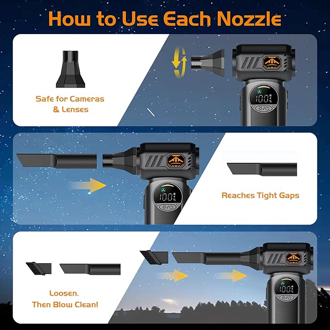 Compressed Air Duster 150000 RPM, Cordless Electric Air Blower with LED Light, 8000mAh Battery and Multi Nozzles for Computer, Keyboard, Car Interior & Electronics Cleaning (Black)
