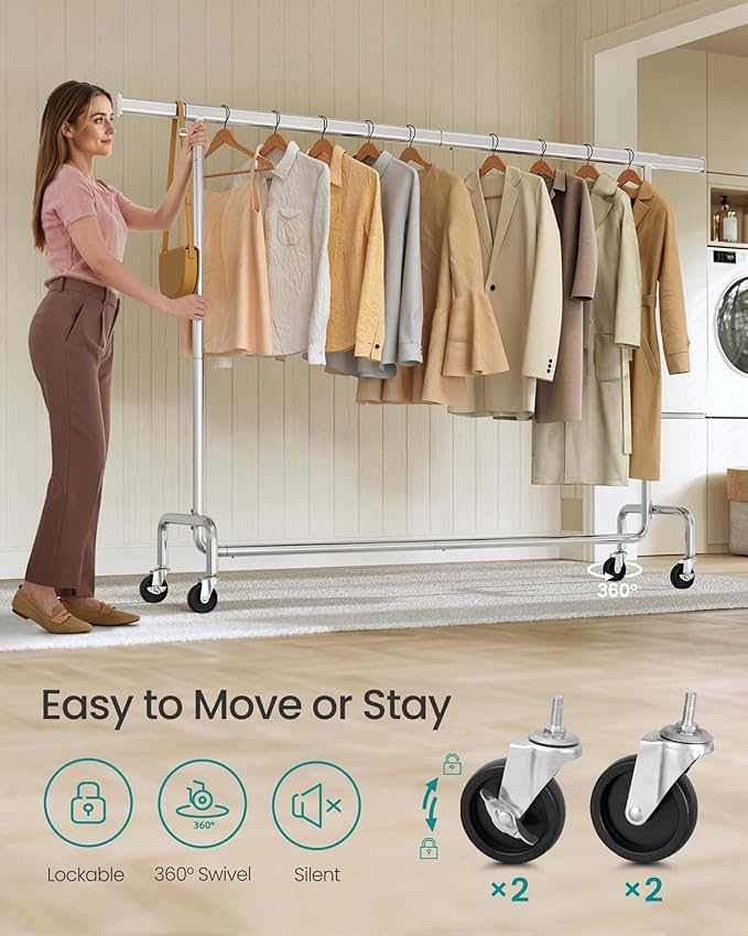 SONGMICS Clothes Rack with Wheels, Heavy-Duty Garment Rack with Extendable Hanging Rod, 243 lb Load Capacity, 17.7 x (63-78.7) x 64.1 Inches, Chrome-Plated, Silver UHSR176E01