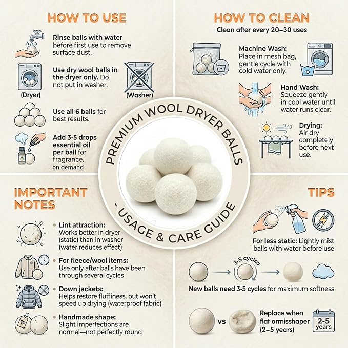 100% Pure New Zealand Wool Dryer Balls, 6-Pack - Natural Fabric Softener Alternative, Reduce Static, Soften Clothes, Shorten Drying Time & Absorb Lint (White)