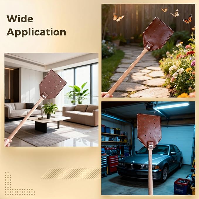 4 Pcs Leather Fly Swatters for Indoors, Manual Long Handle Mosquito Control, Wooden Grip with Perforated Head, Long-Lasting Washable Multi-Pack