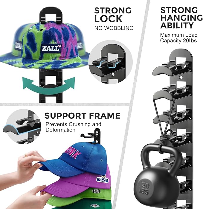 Hat Organizer for Baseball Caps, Hat Rack for Wall Closet Door Hold up to 10 Hats,Hat Holder with Adhesive and 4 Screws, Hat Hanger Cap Holder Hat Hangers for Wall Closet Door Bedroom(1pc,B-Black)