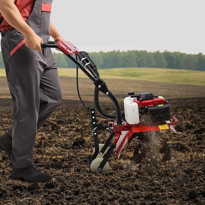 Mini Tiller Cultivator, 63CC 4-Stroke Gas Powered Tiller Cultivator 8500-9000rpm Speed 1600W Garden Yard Rototiller Tilling with Fuel Tank Cordless Tiller Cultivator for Gardening