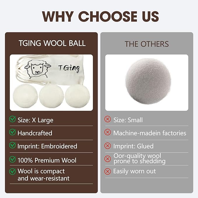 Reusable Wool Dryer Balls, 3.2-inch Handmade Felted Wool Balls (3-Pack), Softens Clothes, Naturally Reduces Drying Time and Static Electricity
