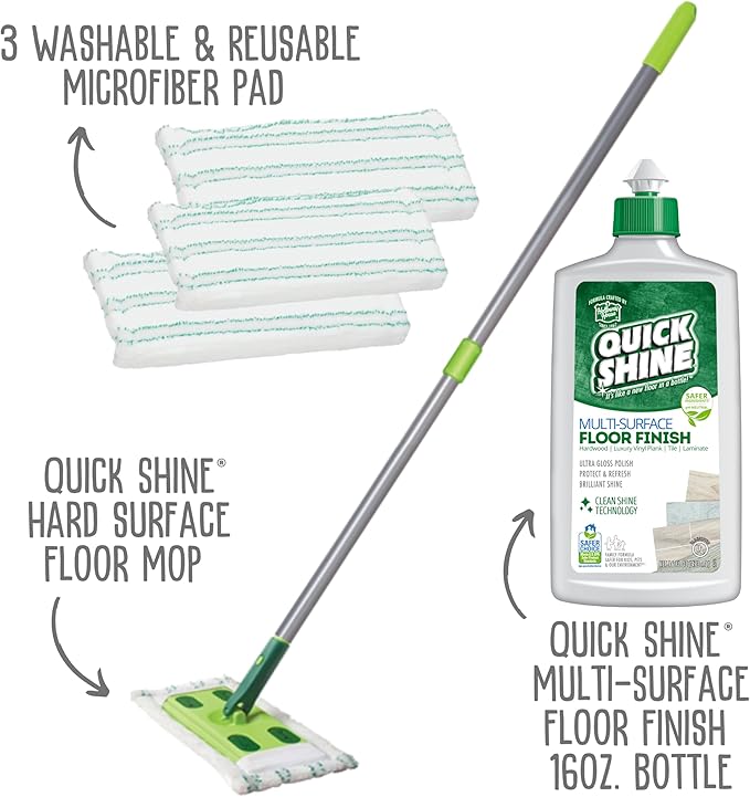 Quick Shine Multi Surface Floor Clean + Polish Mop Kit w/ 3 Reusable Pads & 1-16 oz. Floor Finish | Use Wet + Dry | Hardwood, Luxury Vinyl Plank, Laminate | Safer Choice pH Neutral Formula