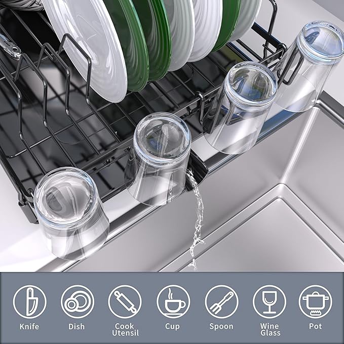 Runnatal Large Detachable Dish Rack with Drainboard Set, Dish Drying Rack Extendable Dish Rack, Utensil Holder, Cup Holder, Expandable Dish Drainer for All Kitchen Counter,20.5"-27.6" L x 12.6" W