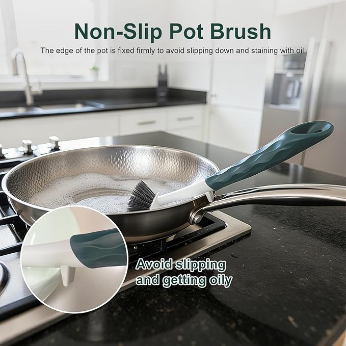 Dish Brush, 2 Pack with Comfortable Handle, with Built-in Scraper, Scrub Brush with Medium Firm bristles for Cleaning Dishes, Sink, Pots(Green)