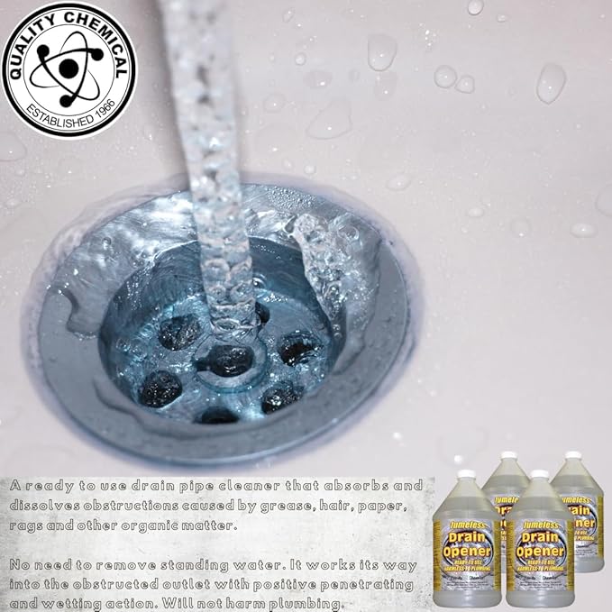Quality Chemical Fumeless Drain Opener - Fast Acting Clog Remover and Declogger - Professional Strength - for Bathtub, Kitchen Sink, Drano, Hair Clog Remover - Drain Cleaner 128 oz (Pack of 4)