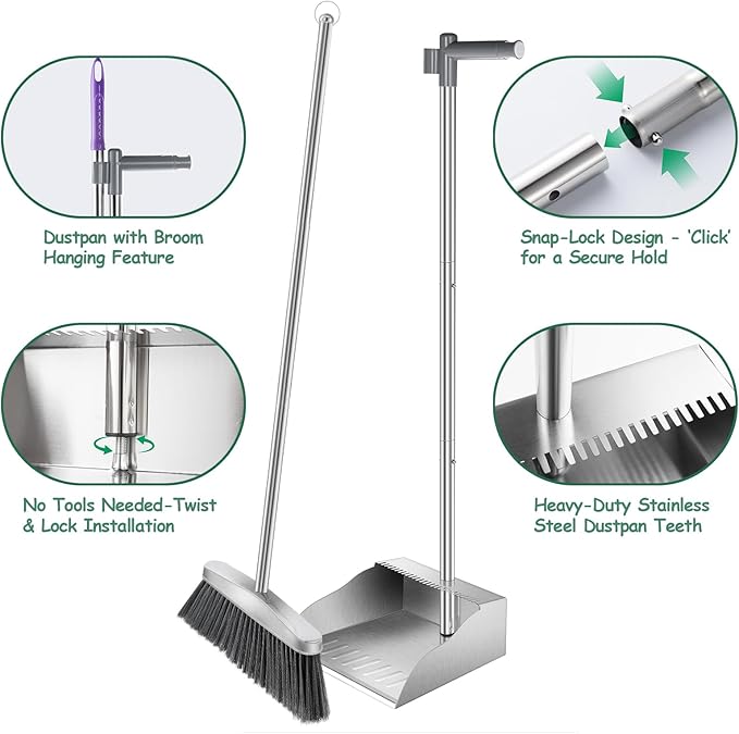 Metal Broom with Dustpan Combo Set-Long Handle Broom with Dustpan,Heavy Duty Standing Dust Pan & Soft Bristles Brooms,Indoor Outdoor Dust Pan Brooms for Home Office Lobby Floor