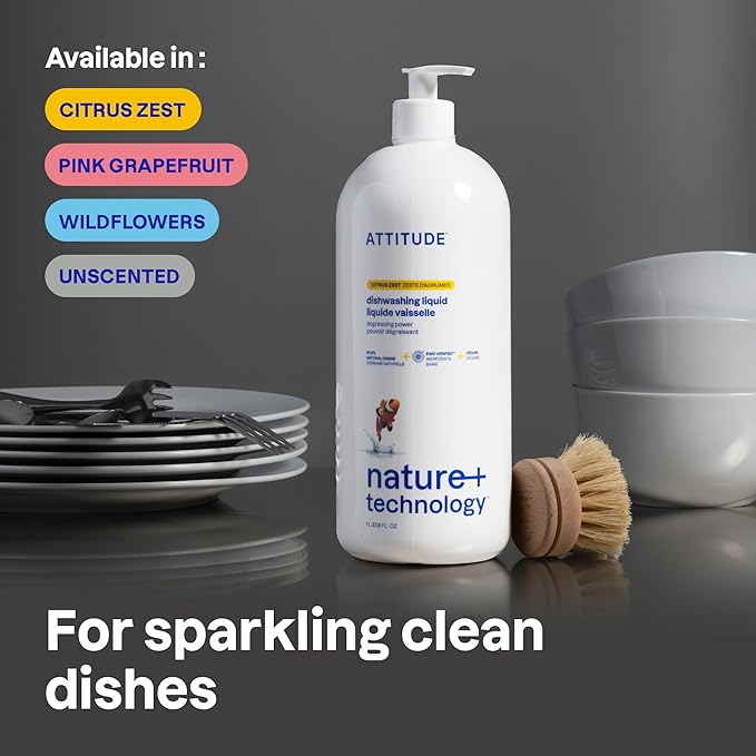 ATTITUDE Dish Soap, EWG Verified, Plant-Based & Vegan Dishwashing Liquid, Naturally Derived, Citrus Zest Scent, 33.8 Fl Oz