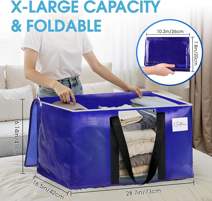BlissTotes 10 Pack Moving Bags with Clear Window, Storage Bags with Strong Carrying Handles & Zippers,Large Packing Bags for Saving Space, Alternative to Moving Boxes(Blue,33 Gallon)
