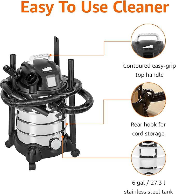 Amazon Basics Wet Dry Shop Vacuum Cleaner, 6 Gallon, 3.5 HP Stainless Steel, with Filter, Grey/Black