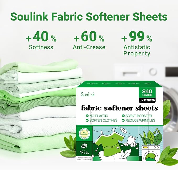 Soulink Fabric Softener Sheets for Washing Machine, No Plastic Jug Soap Strips, Alternative to Fabric Softener Liquid and Pods, Unscented Fragrance Free, Up to 240 Loads