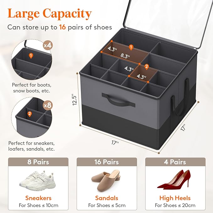 Lifewit 6 Pack Shoe Storage Organizer for Closet, Large Shoe Box Storage Containers with Clear Cover, Foldable Storage Bins Fit for Boots Fits 72-96 Pairs (Each 12-16 Pairs) Gray and Black