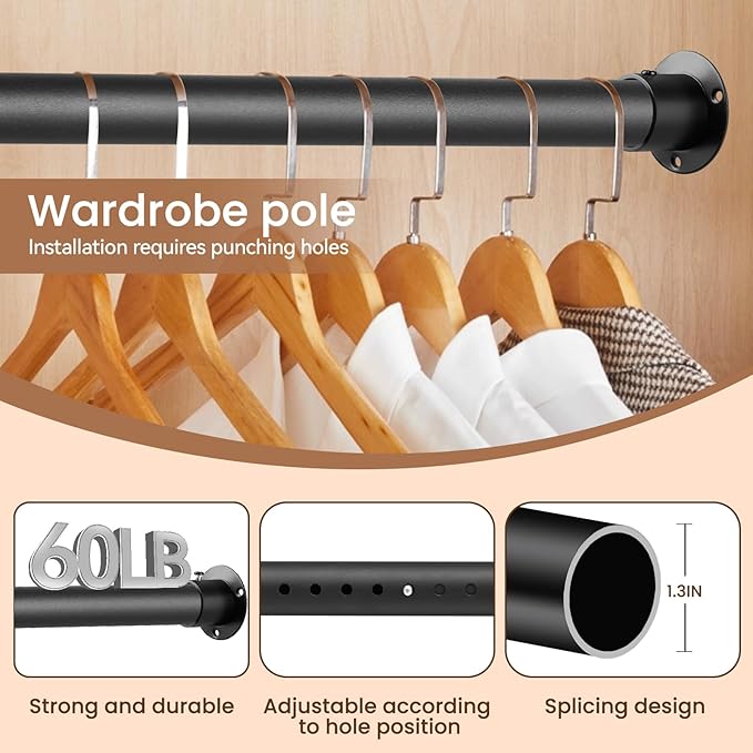 Heavy Duty Closet Rods for Hanging Clothes, Metal Black 1.3 Inch Diameter Closet Rods 17-63 Inch Adjustable Clothes Hanging Bar Shower Curtain Rods for Closet, Wardrobes, Bathrooms, Windows