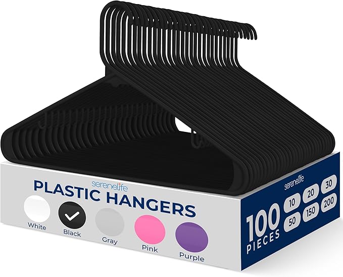 SereneLife 100-Pack Black Plastic Hangers – Ultra Lightweight Non-Slip Slim Clothes Hanger Set for Shirts, Pants, Coats & Dresses – Heavy Duty Space Saving Closet Organizer