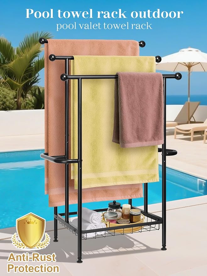 Haturi Free Standing Towel Rack for Bathroom, 3-Tier 39" H Black Metal Towel Drying Rack with Storage Basket, 24.4" L x 13" W x 39" H Rust-Resistant Outdoor Holder for Pool & Oversized Towels