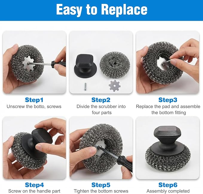 5-Pack Steel Wool Scrubber, Stainless Steel Scrubber Wire Sponge Pads with Handle, Pan Cleaning Scrubber for Scouring Stubborn Messes from Cast Iron, Frying Pan, Oven, Grill, Heavy Duty Pot Scrub