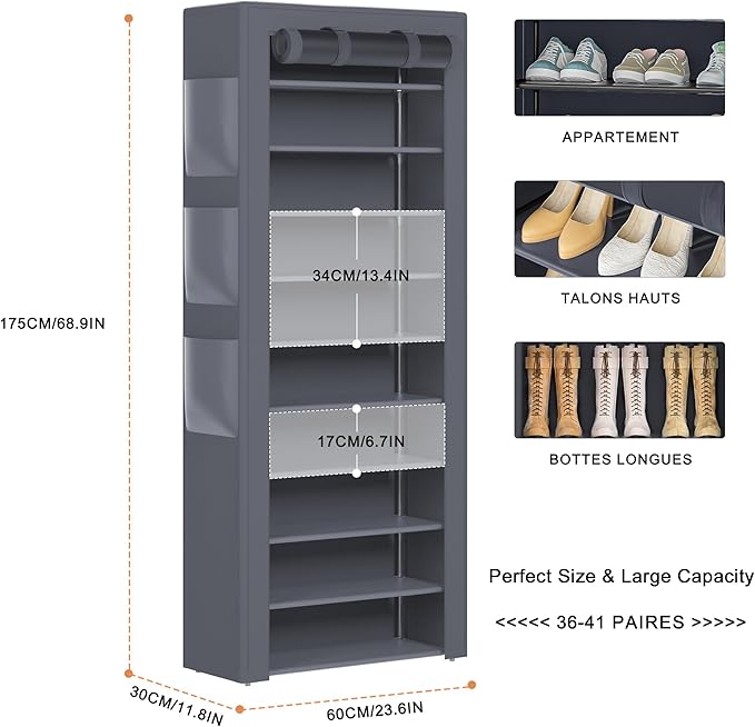 OYREL Shoes Rack 10 Tier Tall Shoe Rack with Storage Pockets, Fabric Covered Shoe Racks,Metal Shoes Rack Organizer for Closets,Bedroom, Garage