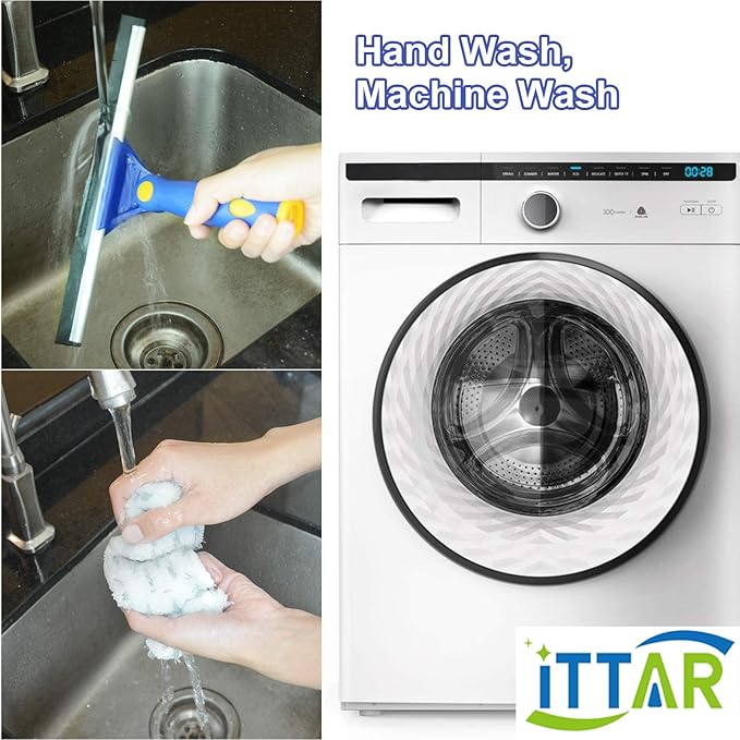 ITTAR Rotatable Window Cleaning Kit, Glass Cleaner Tool with 60" Extension Pole, Rubber Squeegee & 2 Microfiber Pads Combo, Window Washing Equipment for Cleaning Shower, High Windows, Car Glass