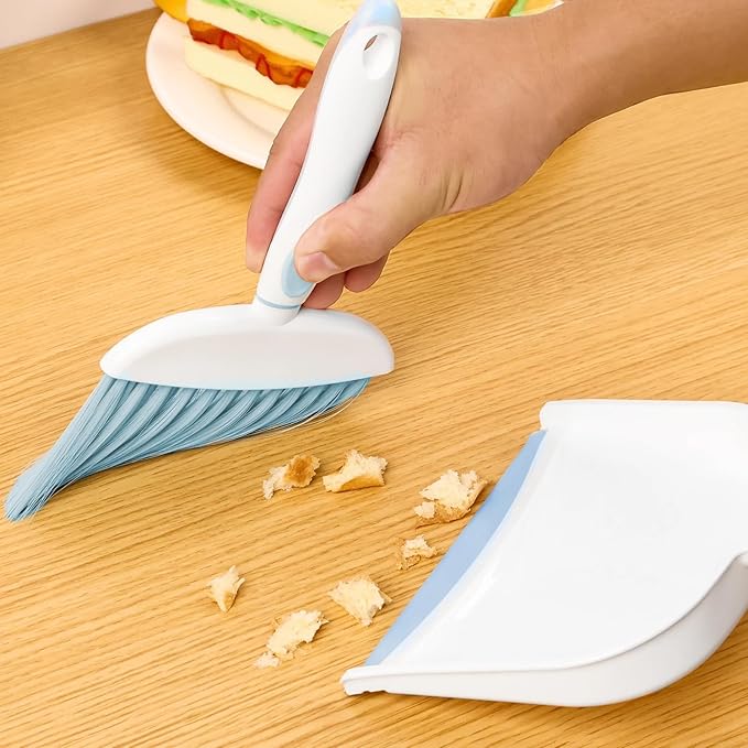 Dust pan, Mini Dustpan and Brush Set, Small Broom and Dustpan Set, Small Hand Broom and dust pan Set, Whisk Broom, Dust pan and Brush for Desk, Table, Home, Kitchen Necessities (Light Blue 2pcs)
