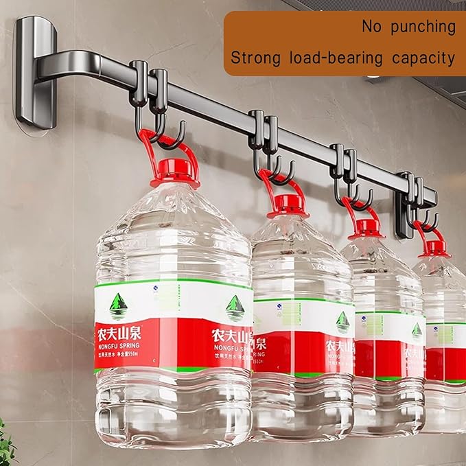 Rail Rack Organizer Self Adhesive Kitchen Utensil Rack Aluminum Wall Mounted Hanging Rail 8 Removable Hooks Pots Pans Spoons Knives,Black,45cm