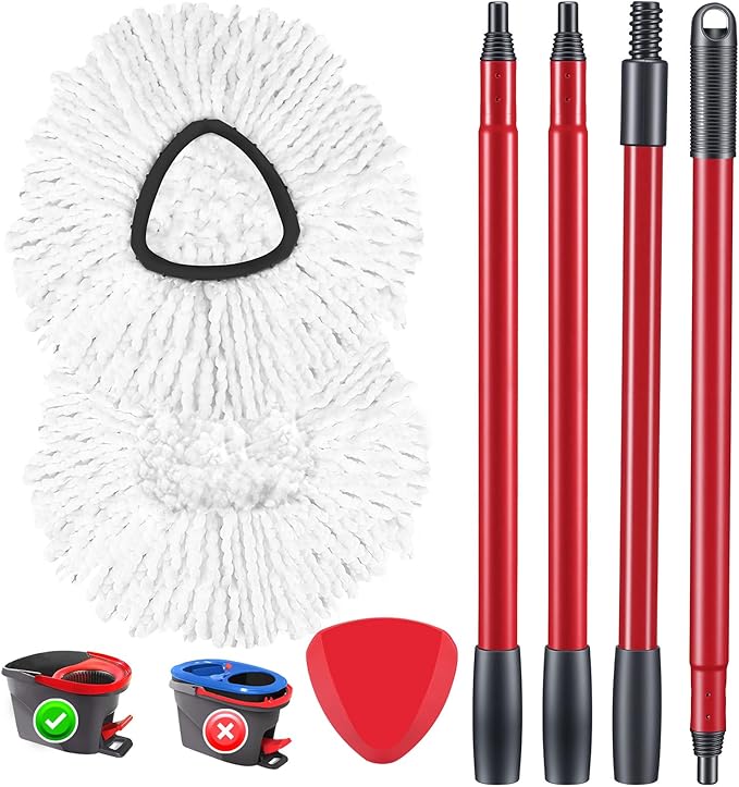 Spin Mop Replacement Head Spin Mop Refills Compatible with O Ceda EasyWring 1-Tank System, 2 Microfiber Spin Mop Head, 1 Triangle Mop Base Head and 4-Section Iron Mop Handle 30-58in for 1 Tank System