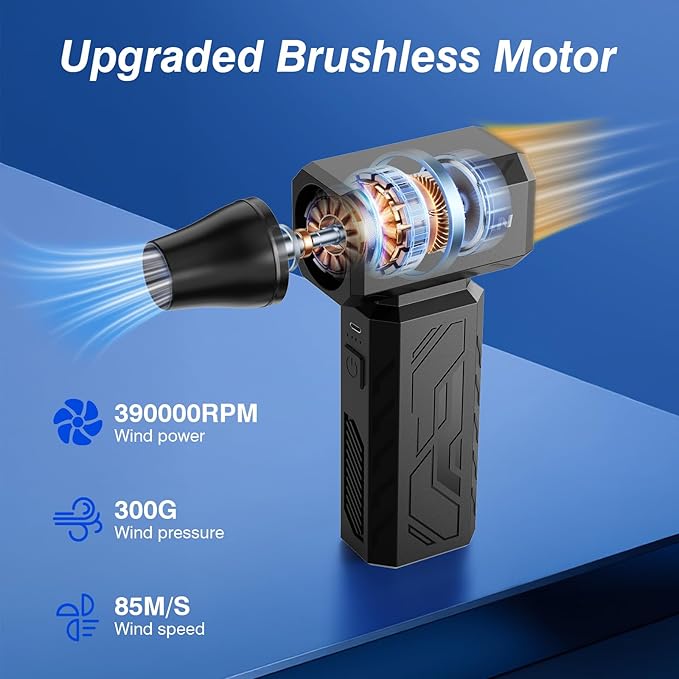 Compressed Air Duster, 390000RPM Powerful Electric Air Duster, 100-Gear Stepless Adjustable Cordless Air Blower with Brushless Motor, Upgraded Mini Blower for Keyboard Computer Car Home Cleaning