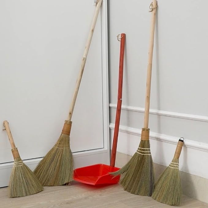 TTS Home Broom and Dustpan Set with 44.9'' Long Handle for Family, Kitchen, Office, and Lobby – 4-Pack Stand-Up Brooms with Dustpan Combo