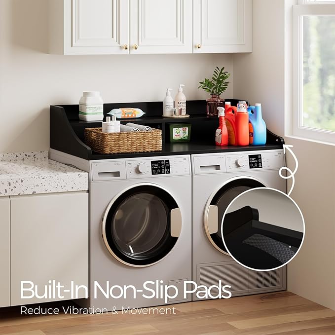OAKHAM HOME 2-Tier Washer Dryer Countertop, 54" x 27.6" Washer Dryer Topper with Storage Shelf and Non-Slip Pads for Laundry Room Organization, Black
