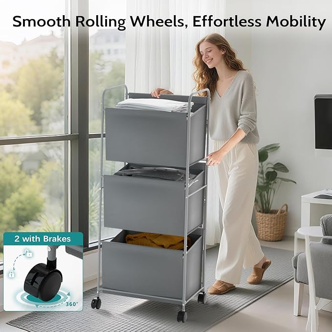 125L Vertical Laundry Hamper with Wheels, 3 Section Large Rolling Laundry Sorter with Detachable Inners, Metal Clothes Hamper Laundry Baskets Organizer for Bathroom, Bedroom, Dorm (Gray)