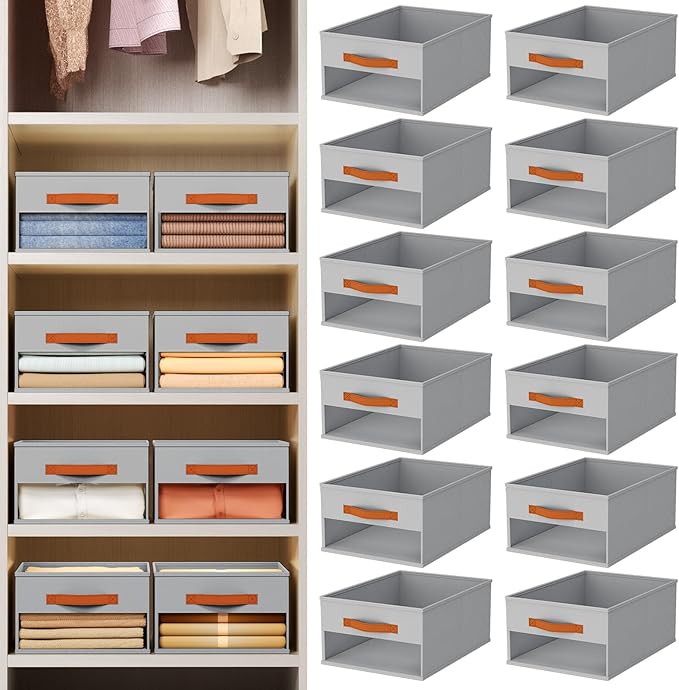 Homsorout Drawer Organizers and Storage - 12 Pack Foldable Pants Organizer with Clear Window & Handles, Fabric Closet Organizer for Clothes, Jeans, Sweaters, Towels, T-shirt, Scarf (Grey)