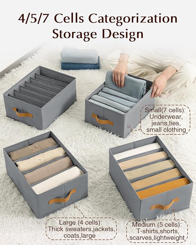 Homsorout Clothes Organizers and Storage - 4/5/7 Grids Fabric Jeans Organizer with Handles, Foldable Closet Organizers Dividers, Wardrobe organizer for Pant, Sweater, T-shirt, Scarf, 6 Pack, Pale Grey