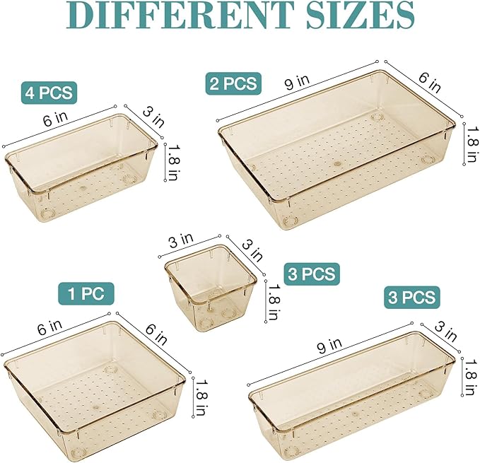 StorMiracle 13 PCS Drawer Organizer Set, 5 Varied Size Bathroom and kitchen Drawer cabinet organizer Trays, Clear Storage Bins for Makeup, Jewelry, Utensils and Gadgets, Champagne