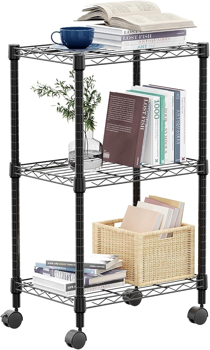 M MZG 3 Tier Shelf Metal Storage Shelves Wire Rack Closet Organizers with Wheel for Garage Kitchen Bathroom Laundry Black 11.8" D x 17.7" W x 29.8" H