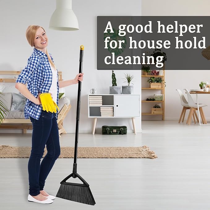 3PCS Heavy Duty Broom, Broom for Sweeeping Indoor and Outdoor, Angle Broom with Long Pole, Outdoor Broom for Courtyard/Garages/Slidewalk, Indoor Broom for Kitchen Lobby Cantee Black