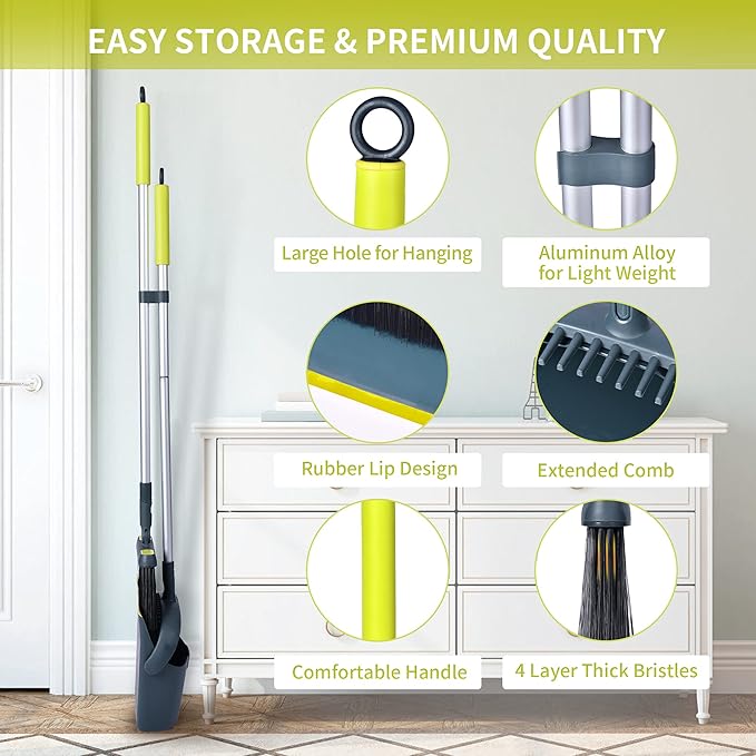 Broom and Dustpan Set for Home with 54" Long Handle, Upright and Lightweight Dust pan and Brush Combo for Kitchen Room Office Lobby Floor Cleaning, Dark Green
