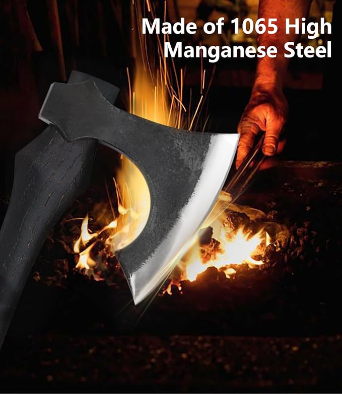 JXE JXO 22.8 Inch Hatchet, Splitting Axe 1065 High Manganese Steel, Hickory Handle Tomahawk Axe with Leather Sheath