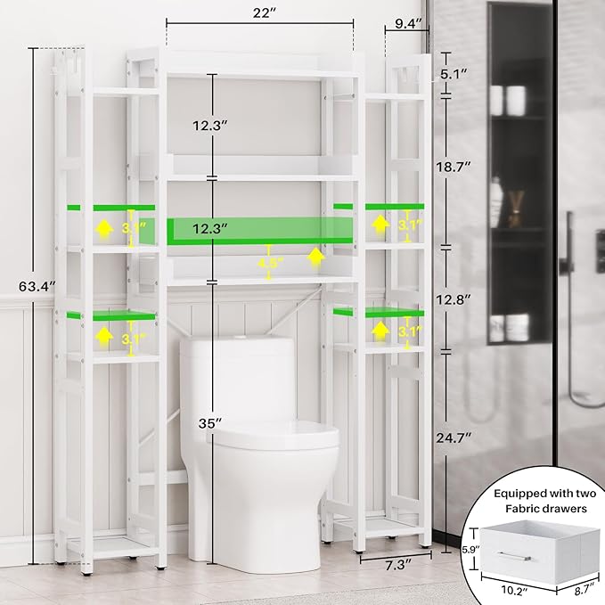 Besiost Over The Toilet Storage with 2 Drawers - 11 Tier Bathroom Organizer Freestanding Space Saver Storage Rack with Adjustable Shelf Above Toilet Stand with 4 Hooks for Restroom, Laundry, White