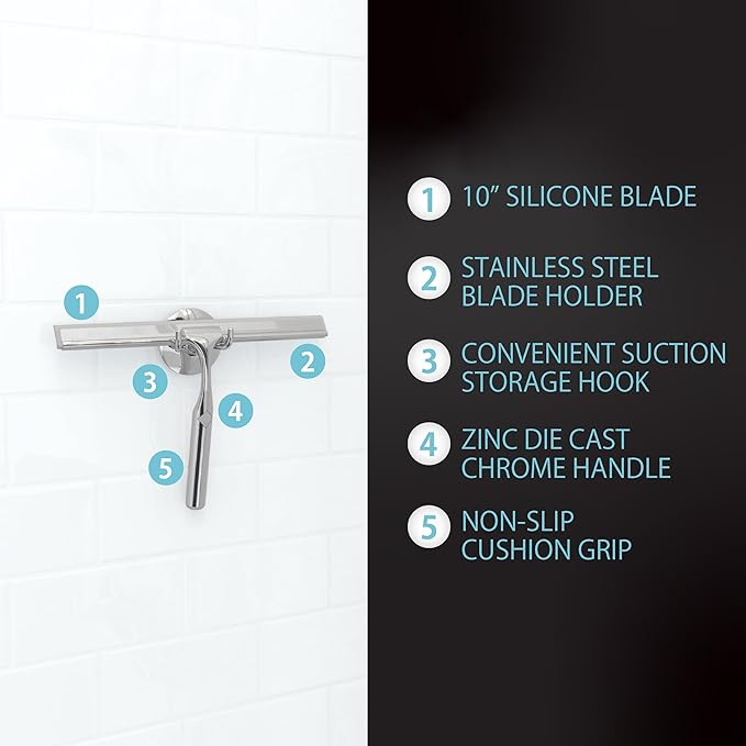 Better Living Deluxe Shower Squeegee, Multi-Purpose Silicone Squeegee Blade with Storage Hook, Rust-Proof Heavy Duty Window, Glass Shower Door Scrubber, Windshield Wiper, 10", Chrome
