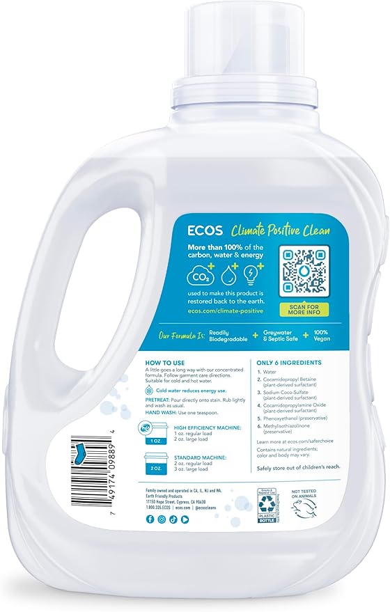 ECOS Laundry Detergent Liquid, 200 Loads - Dermatologist Tested Laundry Soap - Hypoallergenic, EPA Safer Choice Certified, Plant-Powered, Free & Clear, 100 Fl Oz (Pack of 2)