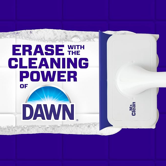Mr. Clean Magic Eraser Shower & Tub Scrubber, Bathroom Cleaner, All in One Bathroom Cleaner, Lemon Starter Kit, 2 Scrubber, 5 Foaming Magic Erasers, 1 Whole Home Extra Durable Magic Eraser