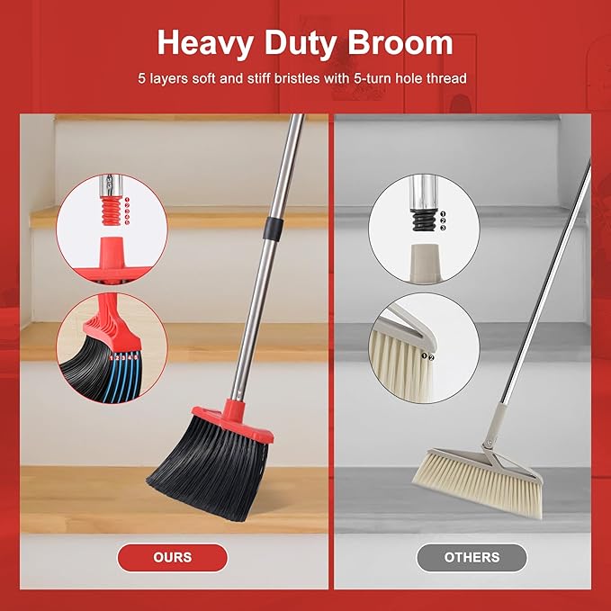 Large Upright Broom and Dustpan, Heavy Duty Dust Pan with 51" Long Handle for Indoor Outdoor Garage Kitchen Room (Black and Red)