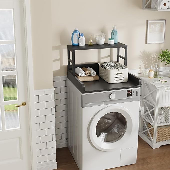 Washer Dryer Countertop with Shelf, 27.5″D x 27.5″W x 16.7″H, Countertop for Washer and Dryer Top with Non-Slip Pads and Edge Rails, Laundry Room Storage and Organization(Black)