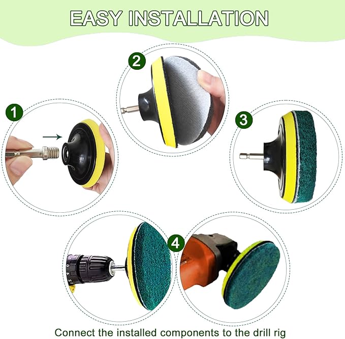 4 Inch Drill Brush Attachments for Cleaning Household Drill Brush Scrubber for Bathroom & Kitchen with Disc Pad Holder and Adapter，9 Scouring Pads（3 Different Stiffness） 11Pcs