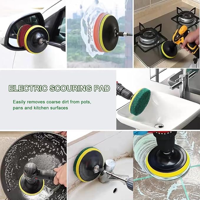 4 Inch Drill Brush Attachments for Cleaning Household Drill Brush Scrubber for Bathroom & Kitchen with Disc Pad Holder and Adapter，9 Scouring Pads（3 Different Stiffness） 11Pcs