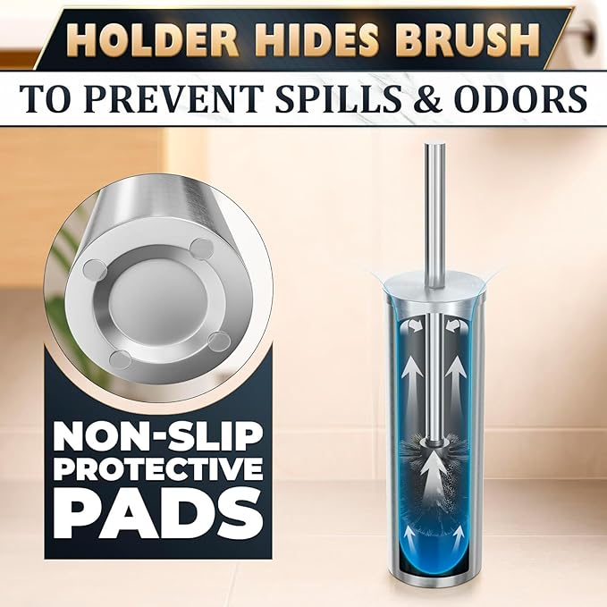 2 Pcs Stylish Stainless Steel Toilet Brush and Holder Set - Silver Toilet Bowl Brush and Holder with Splash Cover, Sturdy Bristles, Corrosion & Scratch Resistant - Elegant Design, Effective Cleaning