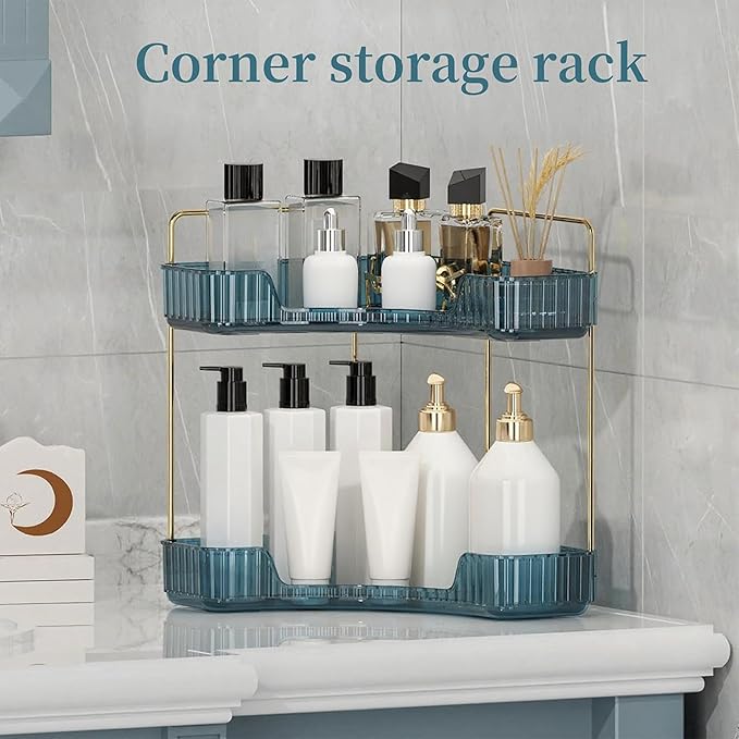 INVSSENE Corner Bathroom Countertop Organizer, Vanity Organizer Trays for Counter, Makeup Organizers, Perfume Tray, Skincare Shelf Storage Gifts for Women Girl Student (Blue, 2 Tiers)