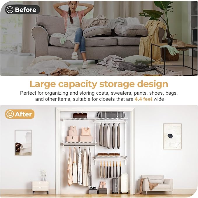 Wire Closet Organizer System, Wall Mounted 4.4 Ft. Custom Closet Kit for Bedrooms Laundry Mudroom Garage Basement, Adjustable Storage Shelves for Clothes Shoes Handbags