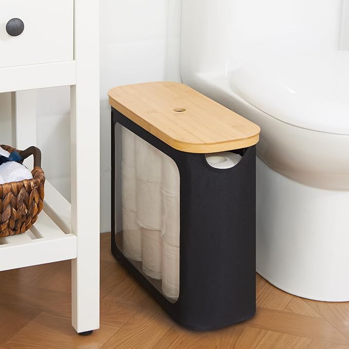 Toilet Paper Storage for 12 Rolls, Toilet Paper Basket with Lid, Bathroom Storage Organizer with Bamboo Lid, Black