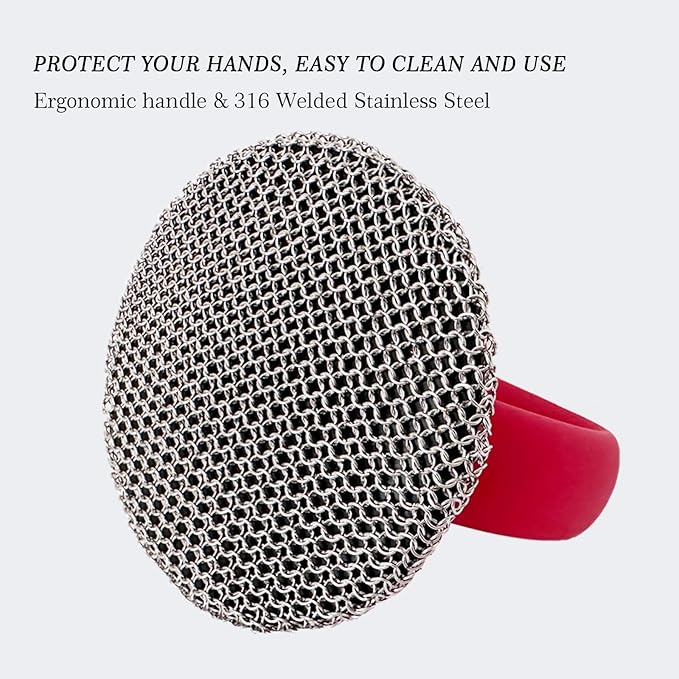 MEIXINZHI Cast Iron Cleaner, Chain Mail Scrubber & Pan Grill Scrapers - 2 in 1 Cast Iron Skillet Cleaner (red, with mat)